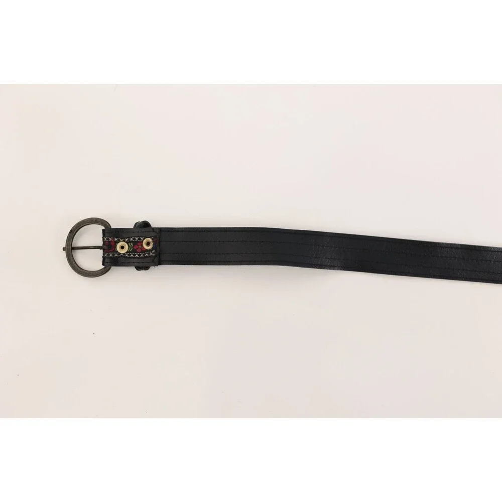 Vintage Women's Black Floral Folk Leather Round Buckle Belt Boho Western